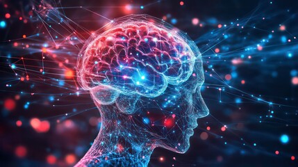 Aufkleber - Abstract human head with glowing brain and neural network connections.