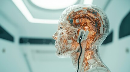 Poster - Battery Charging and Human Concept, Human-like figure with transparent skin displaying intricate internal circuitry in a futuristic setting