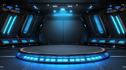 Futuristic Sci Fi Room with Circular Platform and Blue Lights