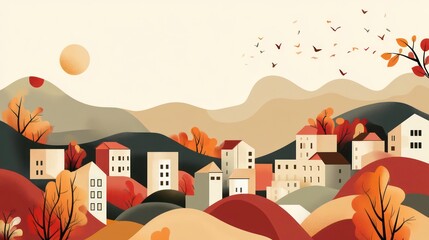 Poster - Autumnal village nestled in rolling hills, sun, birds, and fall foliage.