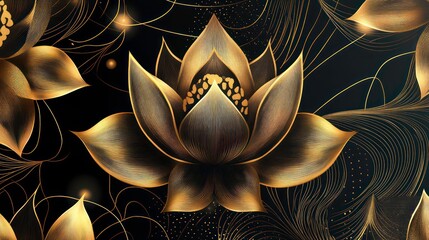 Luxurious golden lotus flowers on dark background with elegant lines.