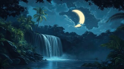 Aufkleber - serene night scene of a waterfall cascading into a tranquil pool under a crescent moon, surrounded b