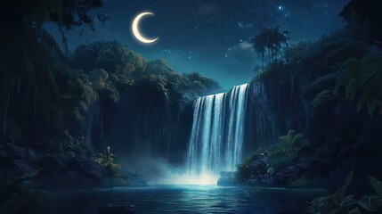 Poster - Serene night scene of a waterfall cascading down lush jungle cliffs under a crescent moon.