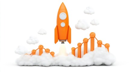 Aufkleber - Orange rocket launching from clouds above upward trending bar graph.