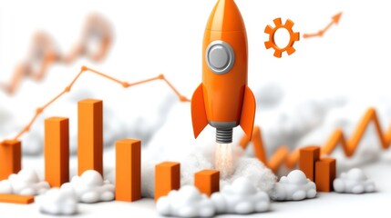 Aufkleber - Orange rocket launching amidst upward trending bar graphs and lines, symbolizing growth and success.