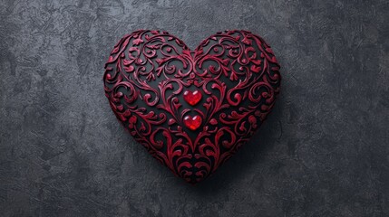 Canvas Print - Intricate Red Heart Design with Decorative Swirls and Gems