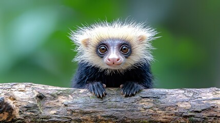 Wall Mural - Adorable baby potto clinging to a tree branch, looking directly at the camera.