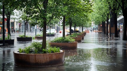 Wall Mural - A sustainable city initiative showcasing trees planted in rainwater collection areas, designed to improve both aesthetics and environmental impact in an urban area 