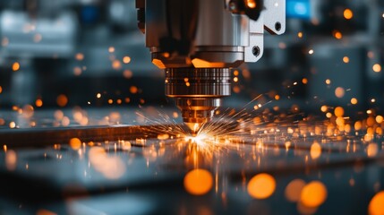 Poster - Laser cutting action at industrial workshop sparks and metal detailed process environment close-up view for precision work