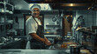 © Diana Zelenko - A smiling male cook chef in a commercial kitchen, wearing a white uniform and hat, preparing dishes with fresh ingredients in a lively environment.