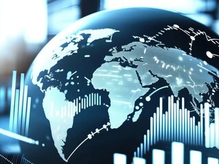 Poster - Global investment trends analysis over a globe closeup in a modern office environment