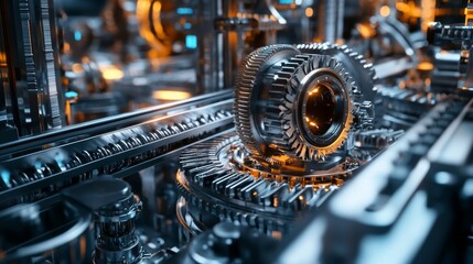 Poster - Dynamic industrial mechanisms in a futuristic factory setting 3d rendered technology environment close-up viewpoint