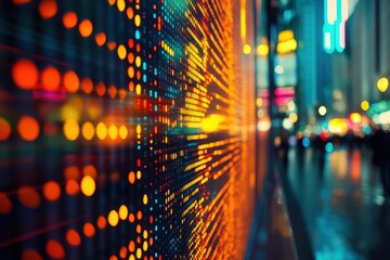 Poster - Abstract glowing data stream wall at night. Ideal for tech, data, and futuristic concepts.