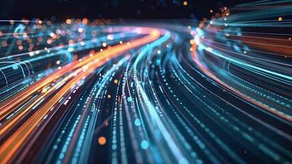 Poster - Digital data streams are flowing and transferring large amounts of information through a futuristic cyberspace network, creating a dynamic visual representation of big data in motion
