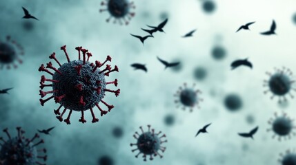 Poster - Abstract depiction of a virus structure surrounded by flying birds, symbolizing the intersection of nature and health challenges faced in the modern world.