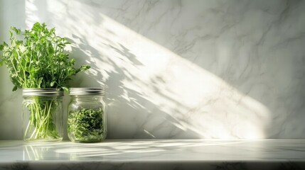 Aufkleber - Modern Kitchen Counter with White Marble Texture and Fresh Herbs Display