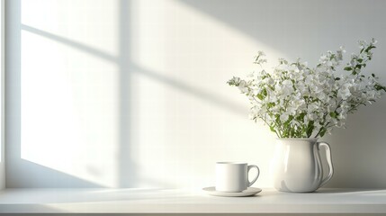 Poster - Calm white desk workspace with flowers and coffee home office aesthetic environment