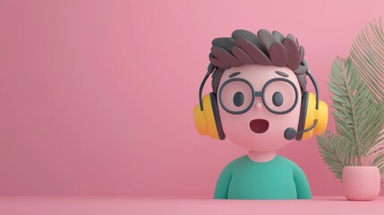 Customer retention concept Colorful cartoon character with headphones, smiling against a pink background.