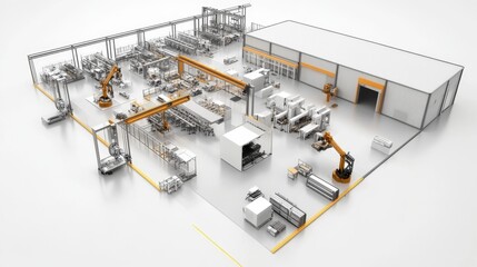 Poster - Automation in manufacturing advanced robotics industrial facility 3d rendered image clean environment aerial view innovation