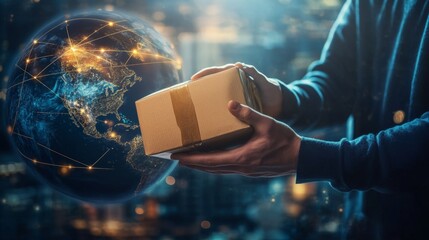Poster - Global package delivery worldwide digital illustration urban environment close-up view e-commerce concept