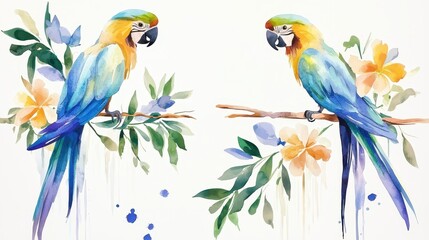 Naklejka na meble Colorful Watercolor Parrots Perched on Branches Surrounded by Tropical Flowers in Art Style