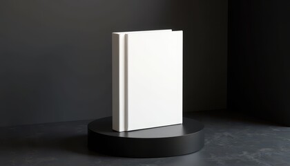Poster - A minimalistic book mockup with a blank white cover is displayed on a black circular stand against a dark background. The clean design highlights the book's potential for customization and branding