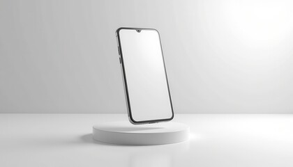Poster - A sleek smartphone with a blank screen is floating above a white circular platform in a minimalistic, well-lit setting. The image is a modern and clean mockup, ideal for showcasing mobile app designs 