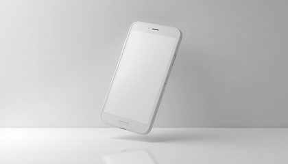 Poster - A white smartphone mockup floats against a light gray background, with a reflection on the surface below. Perfect for showcasing app designs or phone accessories in a sleek, modern style