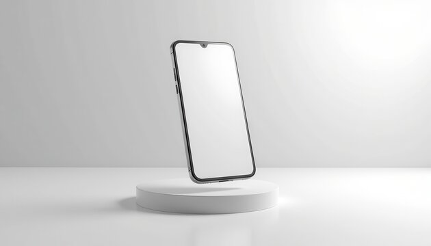 A sleek smartphone with a blank screen is floating above a white circular platform in a minimalistic, well-lit setting. The image is a modern and clean mockup, ideal for showcasing mobile app designs 