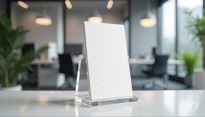 Poster - A vertical business card mockup is displayed on a clear acrylic stand in a modern office setting with blurred background elements, including plants and office furniture
