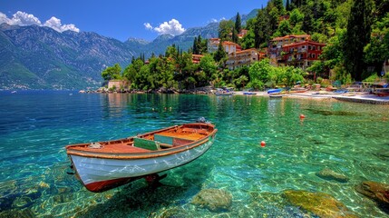 Sticker - Tranquil coastal village scene with a small boat in crystal-clear water.