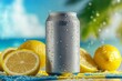 © CreativeLight - Blank aluminum can with a citrus background, featuring lemons, Perfect for branding mockups of beverages like soda, lemonades, or other citrus based drinks Refreshing