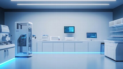 Poster - Futuristic Research Laboratory Featuring Holographic Displays and Robotics