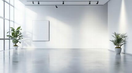 Poster - Modern Art Gallery with Empty White Wall and Green Plants in Bright Room