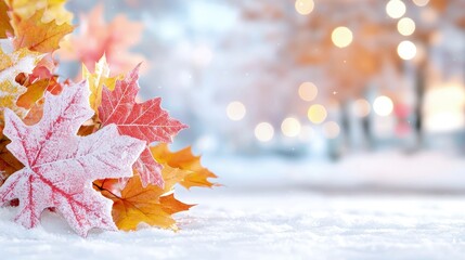 Canvas Print - Frost-covered autumn leaves on snow with blurred winter city background.