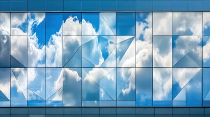 Poster - Modern Glass Building Facade Reflecting Blue Sky and White Clouds