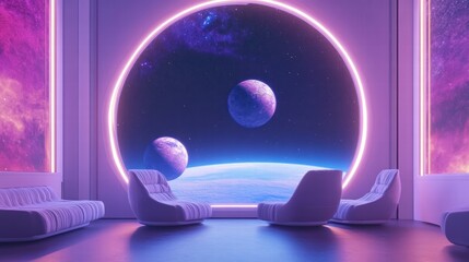 Poster - Futuristic Space Tourism Booking Office with Holographic Planetary View