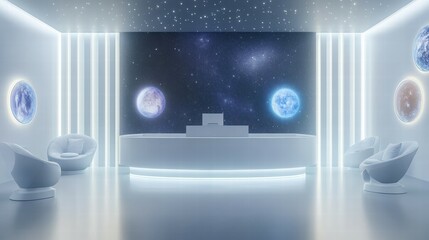 Poster - Futuristic Space Tourism Booking Office with Holographic Planets