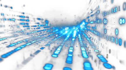 digital data flow represented by glowing blue binary code in a futuristic setting