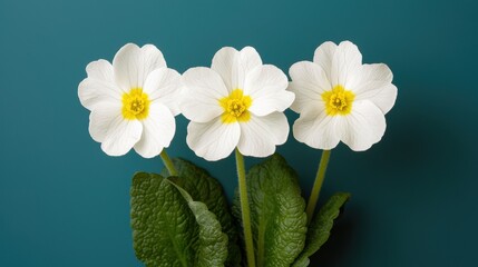 Wall Mural - Three White Flowers with Yellow Center and Green Leaves on Teal Background