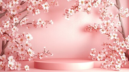 Spring background,Studio Room with 3D Podium Display with Cherry Blossoming on Pink Wall Background,Vector illustration backdrop Sakura flower frame border for Mother Day,Valentines,Easter Banner 