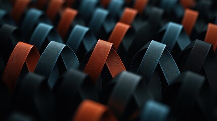 Fototapete - Interwoven orange, blue, and black textured ribbons forming a repeating pattern.