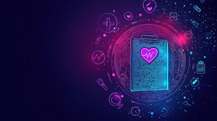 Wall Mural - health insurance plan prevention concept Digital book with heart symbol surrounded by vibrant health-related icons and effects.