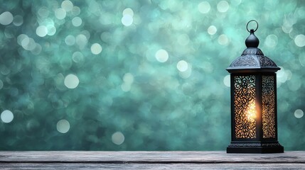 Wall Mural - Ornate lantern with glowing light on wooden surface against bokeh background.