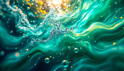 Wall Mural - Swirling green and blue liquid with bubbles and glowing highlights, creating an abstract and ethereal visual effect