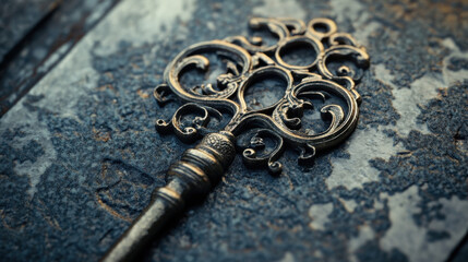 Intricate Ornate Antique Key Resting on a Rustic Dark Wooden Surface