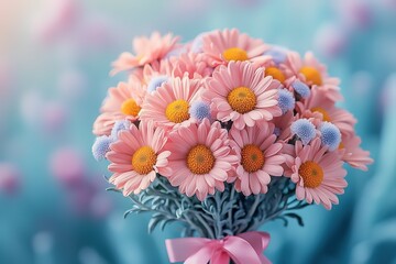 A bouquet of colorful daisies and chrysanthemums tied with a pink ribbon, with the background featuring a blurred pastel sky-blue grassland. The overall composition is soft in color tone