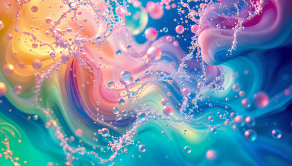 Wall Mural - Colorful abstract background with swirling patterns, bubbles, and splashes of vibrant pink, blue, and green hues.