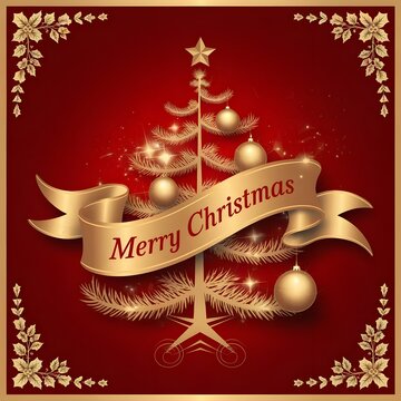 Merry Christmas and Happy New Year. Christmas tree made by Red and Gold ribbon roll with golden star on red background.