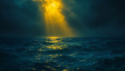 Wall Mural - Dramatic sunset over a stormy ocean with sunlight breaking through the clouds, creating a golden reflection on the waves.